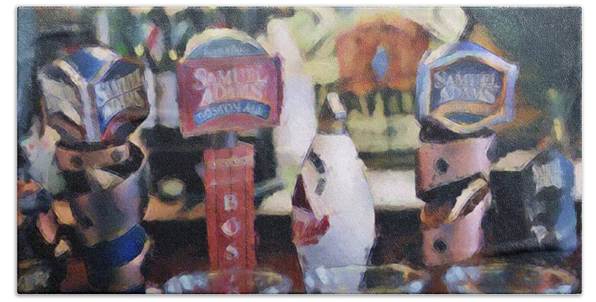 Doyle's Cafe Bath Towel featuring the digital art gOt Me BEer gOOgleS oN by Mike Martin
