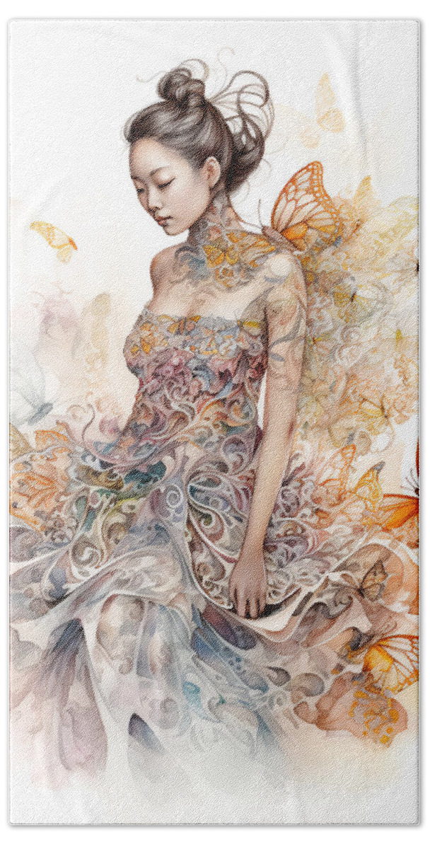 Butterfly fantasy portrait butterflies dress fashion watercolor asian japanese digitalart conceptart color colorful Hand Towel featuring the digital art Graceful by David April