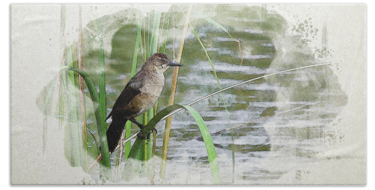 Grackle Bath Towel featuring the digital art Grackle by the Lake by Alison Frank