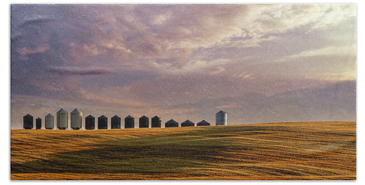 2020-09-30. Harvest. Fall. Colors Hand Towel featuring the photograph Grain Bins All In A Row by Phil And Karen Rispin