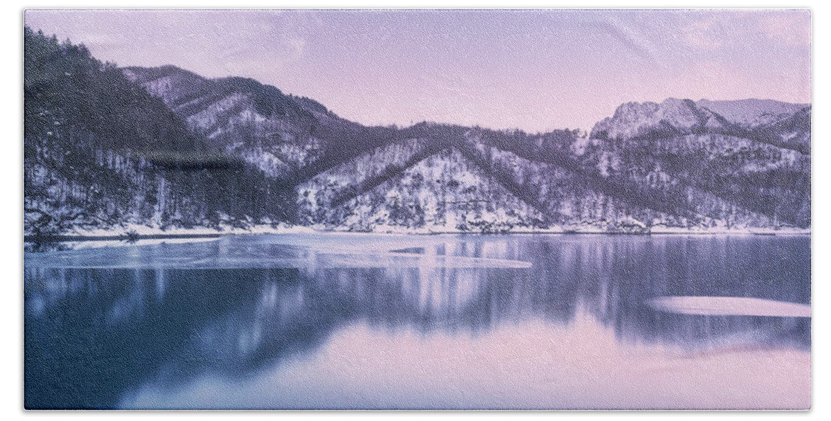 Lake Bath Towel featuring the photograph Gramolazzo iced lake and snowy pier in Apuan mountains. by Stefano Orazzini