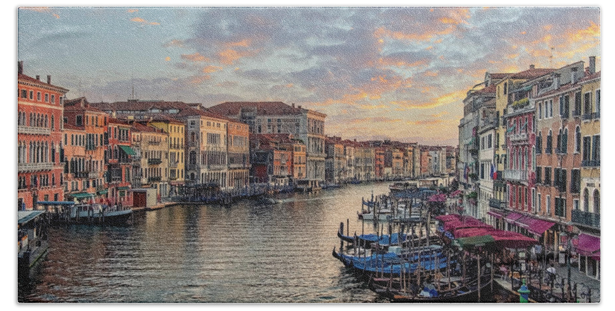 Boat Hand Towel featuring the photograph Grand Canal Sunset by Manjik Pictures