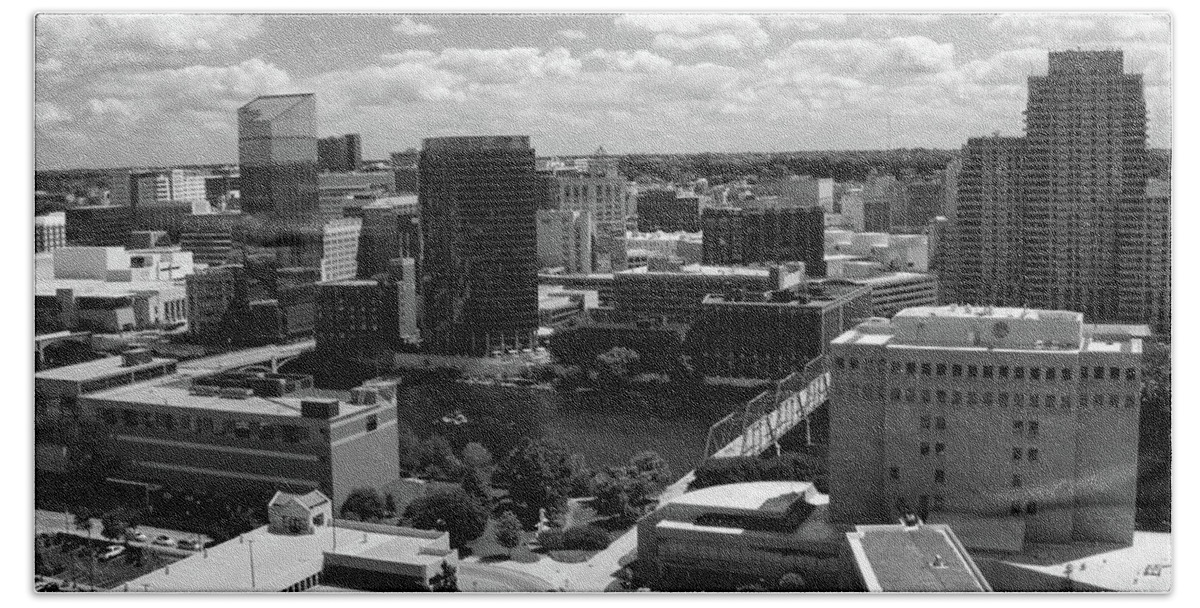 Aerial View Of Grand Rapids Michigan Bath Towel featuring the photograph Grand Rapids Michigan skyline in black and white by Eldon McGraw
