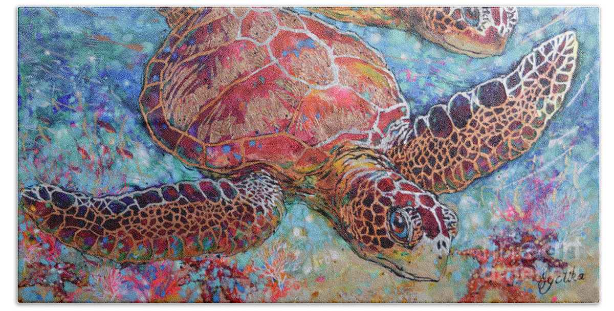 Green Sea Turtles Bath Towel featuring the painting Grand Sea Turtles by Jyotika Shroff