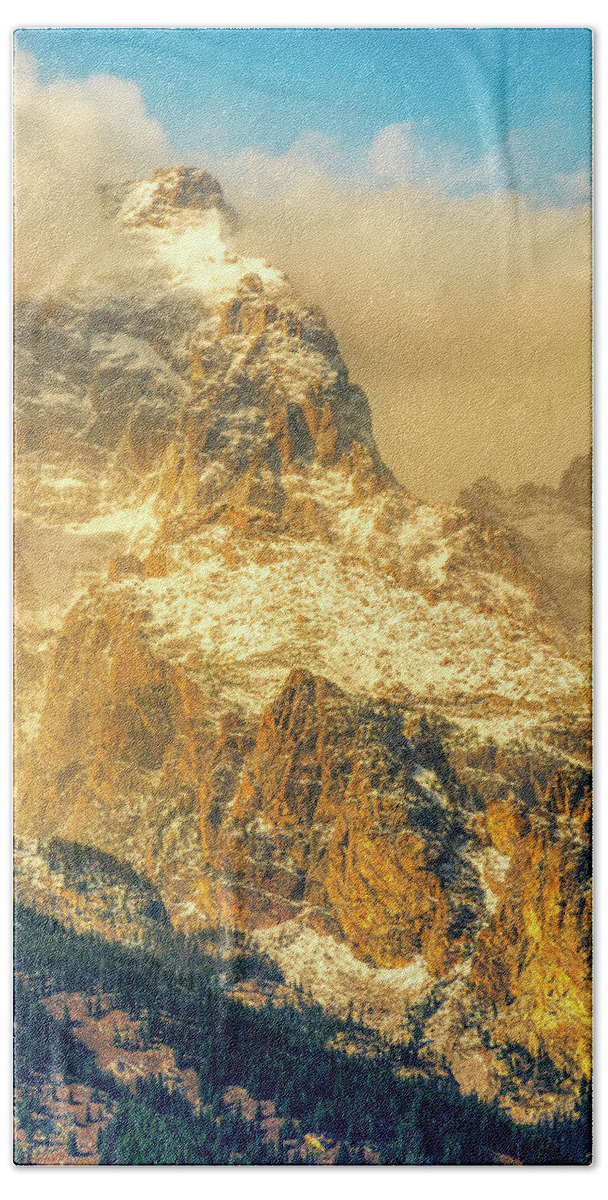 Grand Hand Towel featuring the photograph Grand Tetons Draped in Clouds by Kenneth Everett