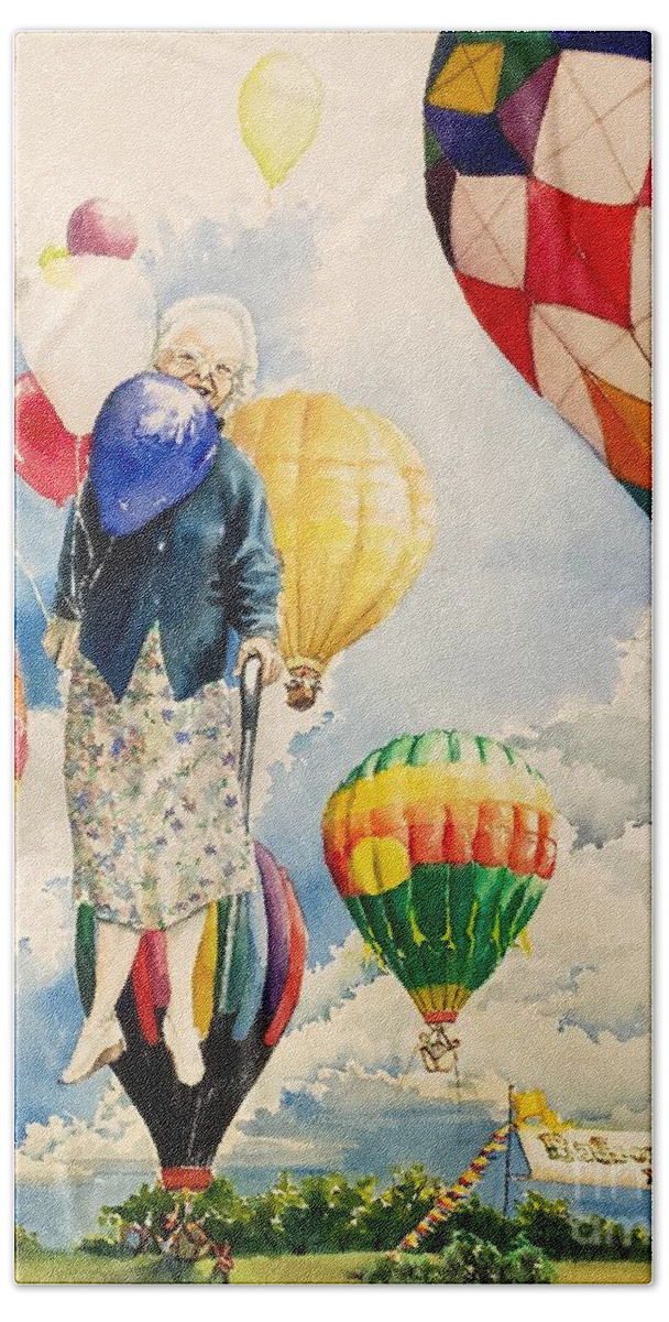 Grandma Bath Towel featuring the painting Grandma loves Balloons by Merana Cadorette