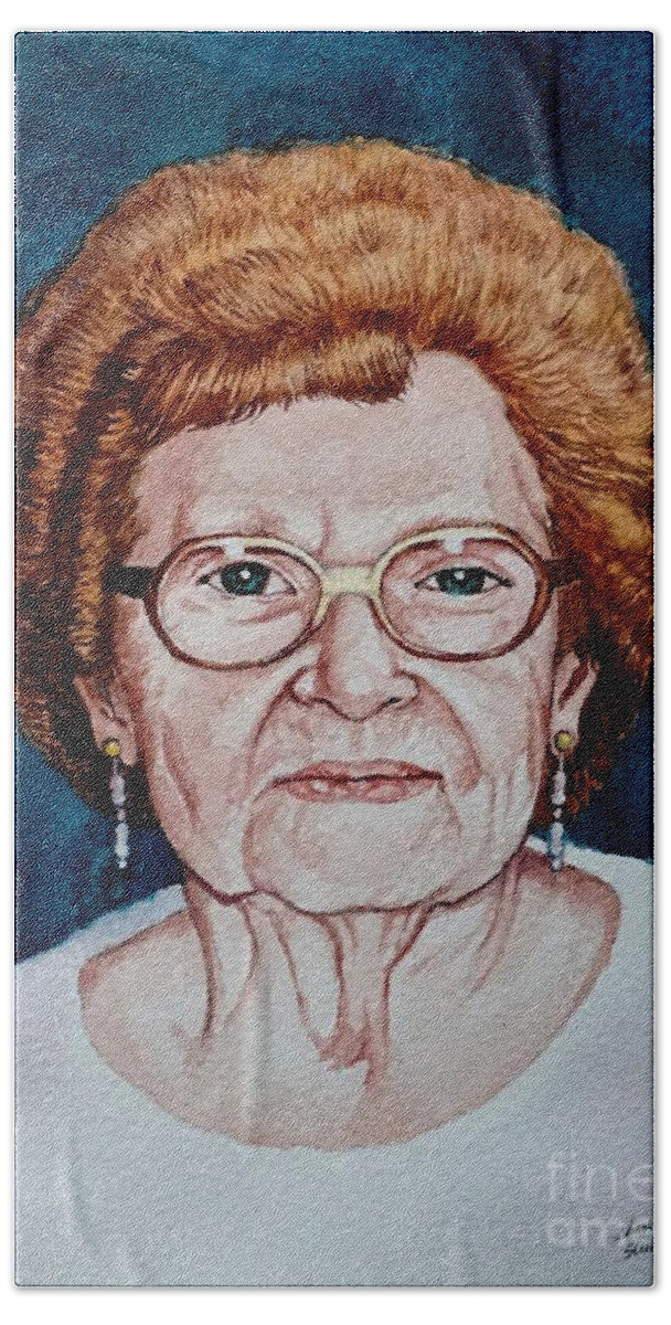 Simon Bath Towel featuring the painting Grandma Simon by Christopher Shellhammer