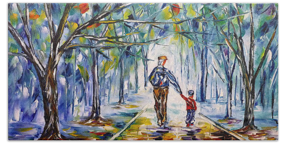 Autumn Walk Bath Towel featuring the painting Grandpa With Grandson by Mirek Kuzniar