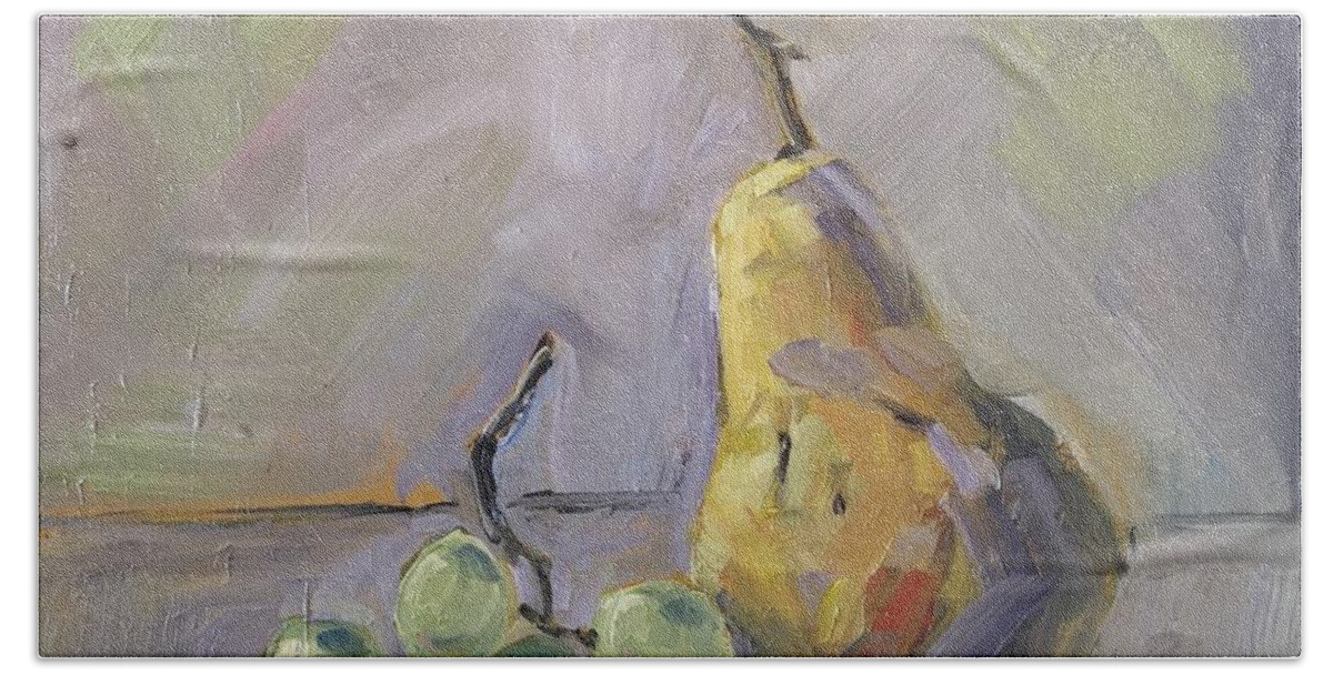 Still Life Hand Towel featuring the painting Grapes with Pear by Sheila Romard