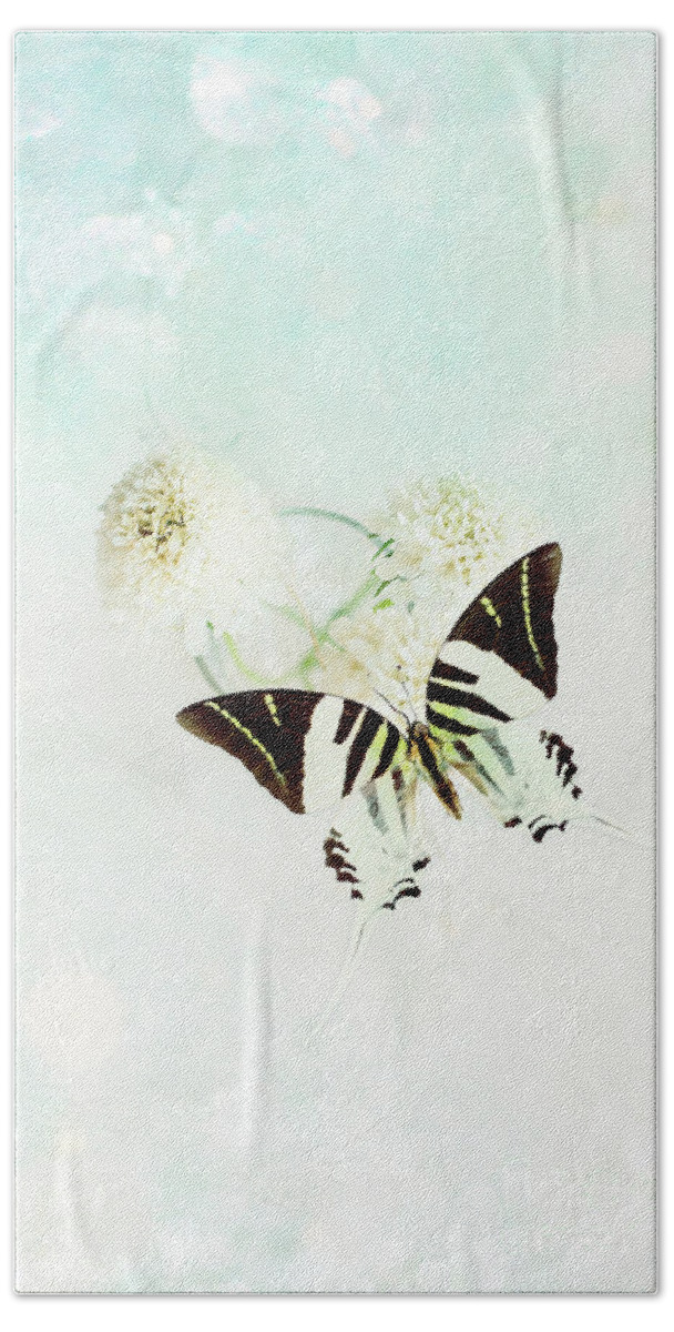 White Bath Towel featuring the photograph Graphium Androcles Swordtail Swallowtail Butterfly over Blue by Stephanie Frey