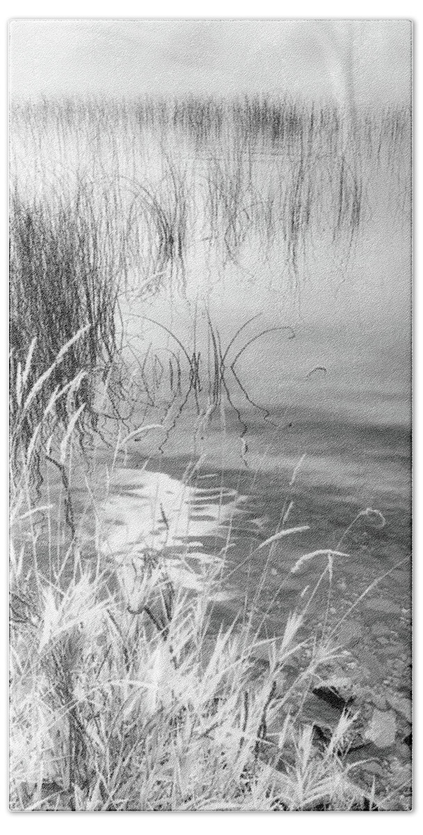 Black And White Photography Bath Towel featuring the photograph Grasses and Reeds Black and White by Allan Van Gasbeck