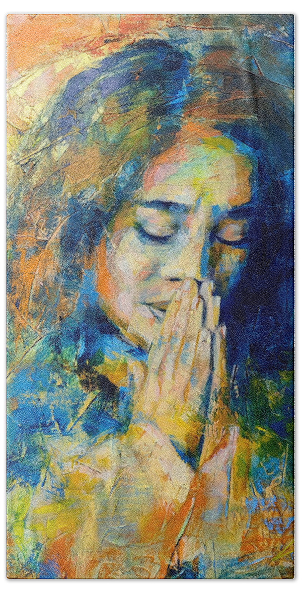 Praying Bath Towel featuring the painting Grateful by Luzdy Rivera