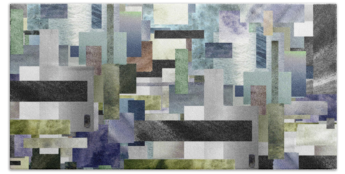 Gray Bath Towel featuring the painting Gray Geometrical Watercolor Decorative Blocks XV by Irina Sztukowski