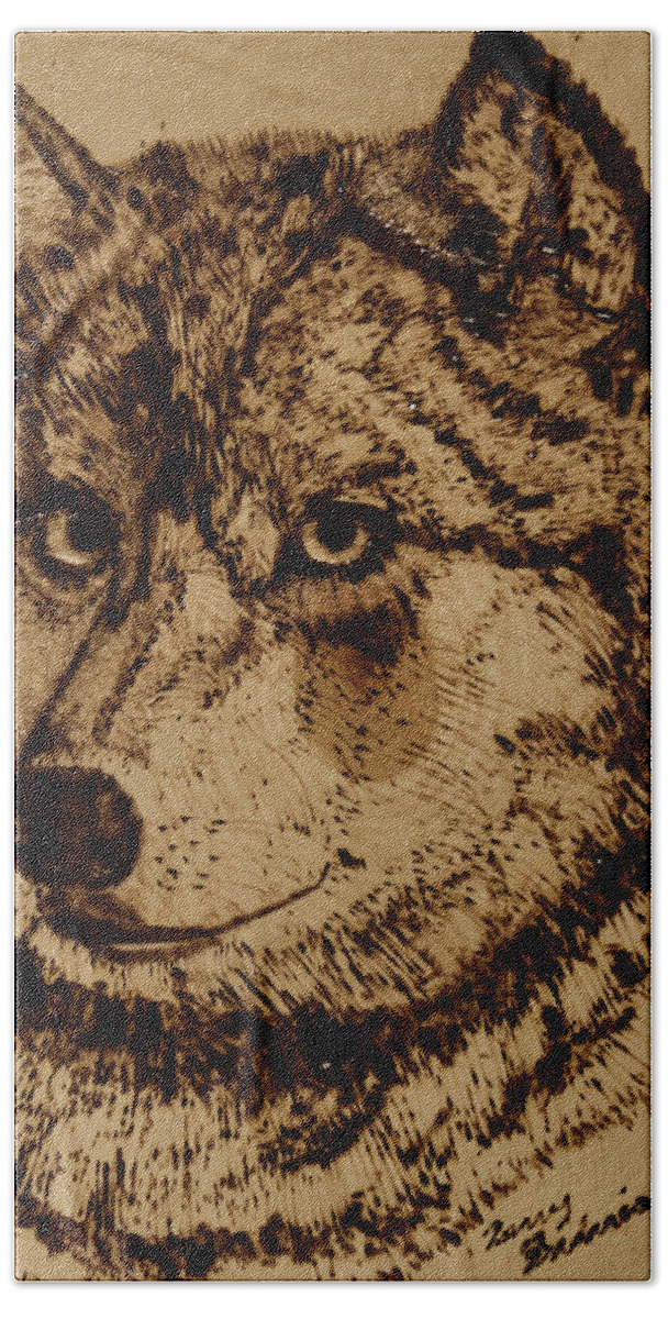 Gray Wolf Hand Towel featuring the pyrography Gray Wolf by Terry Frederick