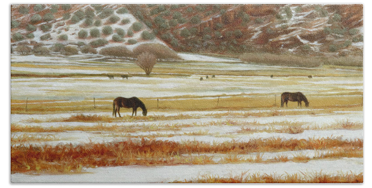 Horses Bath Towel featuring the painting Grazing In Colorado by Hone Williams