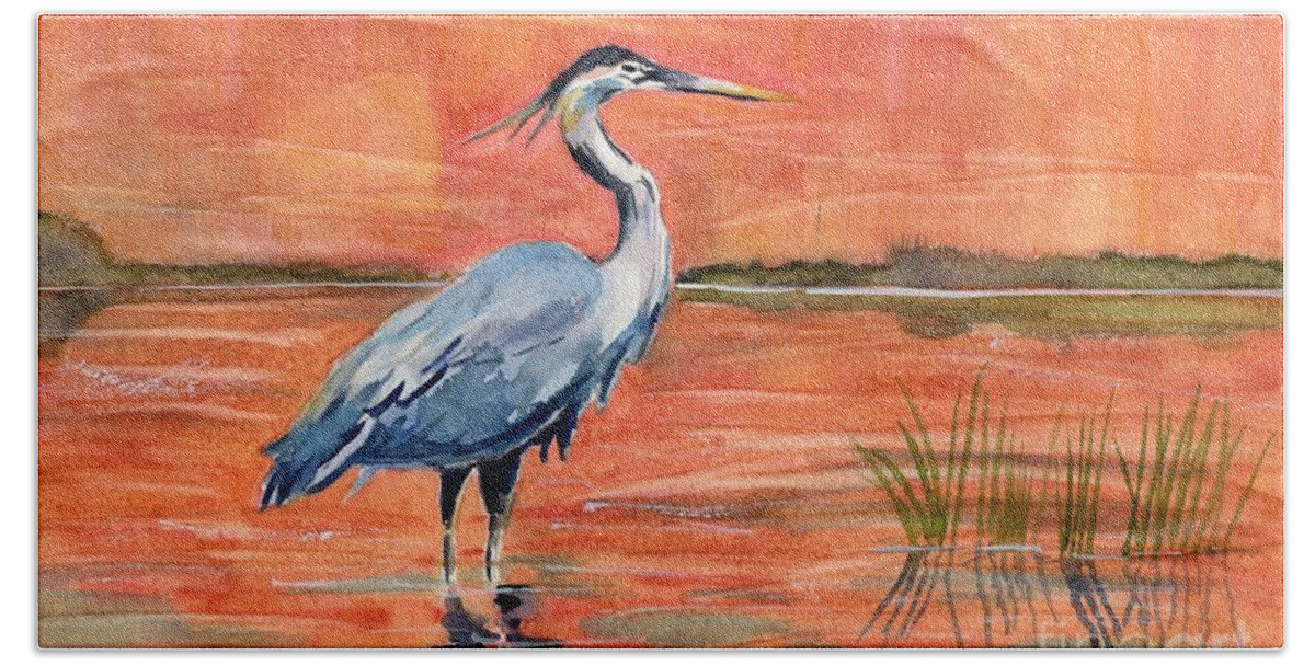 Great Blue Heron Bath Towel featuring the painting Great Blue Heron in Marsh by Melly Terpening