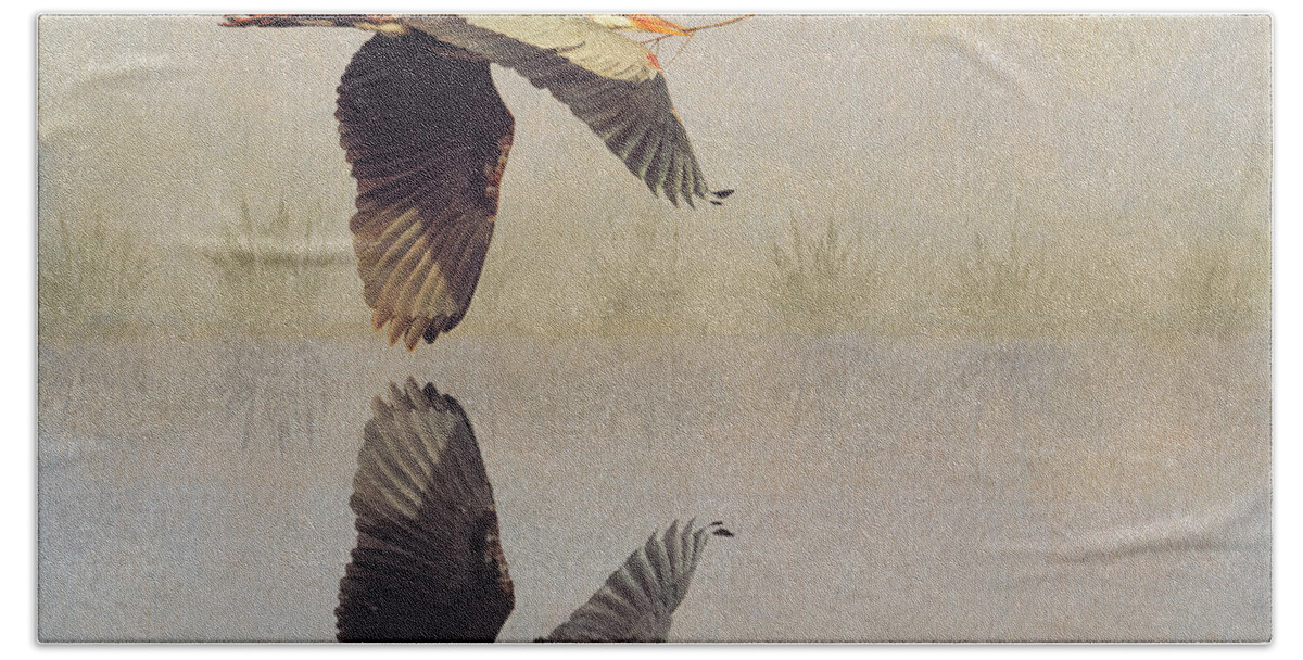 Heron Bath Towel featuring the mixed media Great Blue Heron Watercolor Reflection by Patti Deters