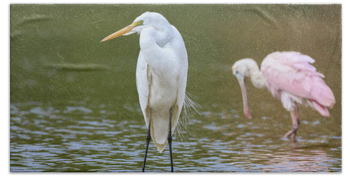 2020 Hand Towel featuring the photograph Great Egret and Roseate Spoonbill by Dawn Richards