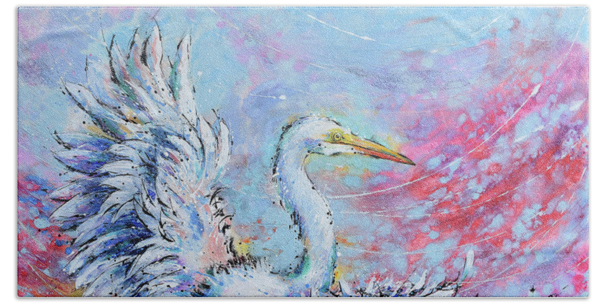  Bath Towel featuring the painting Great Egret's Glorious Landing by Jyotika Shroff