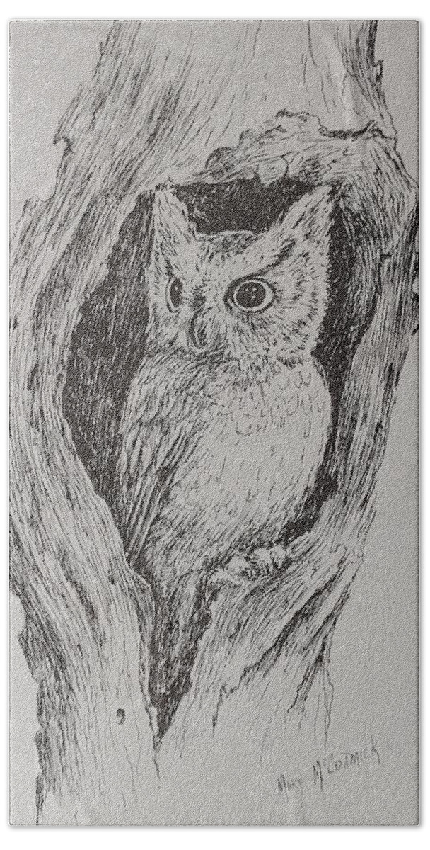 Owl Bath Towel featuring the drawing Great Horned Owl by ML McCormick