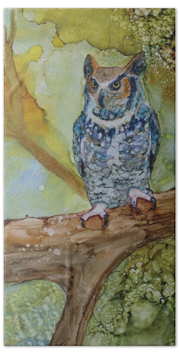 Owl Bath Towel featuring the painting Great Horned Owl by Ruth Kamenev