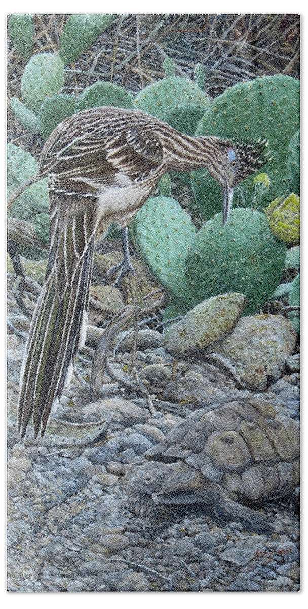 Roadrunner Hand Towel featuring the painting Greater Roadrunner by Barry Kent MacKay