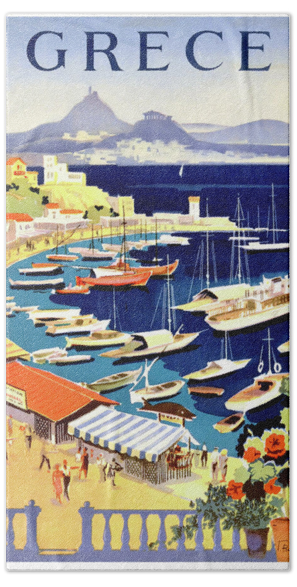 Greece Bath Towel featuring the painting Greece, coast, fishing boats by Long Shot