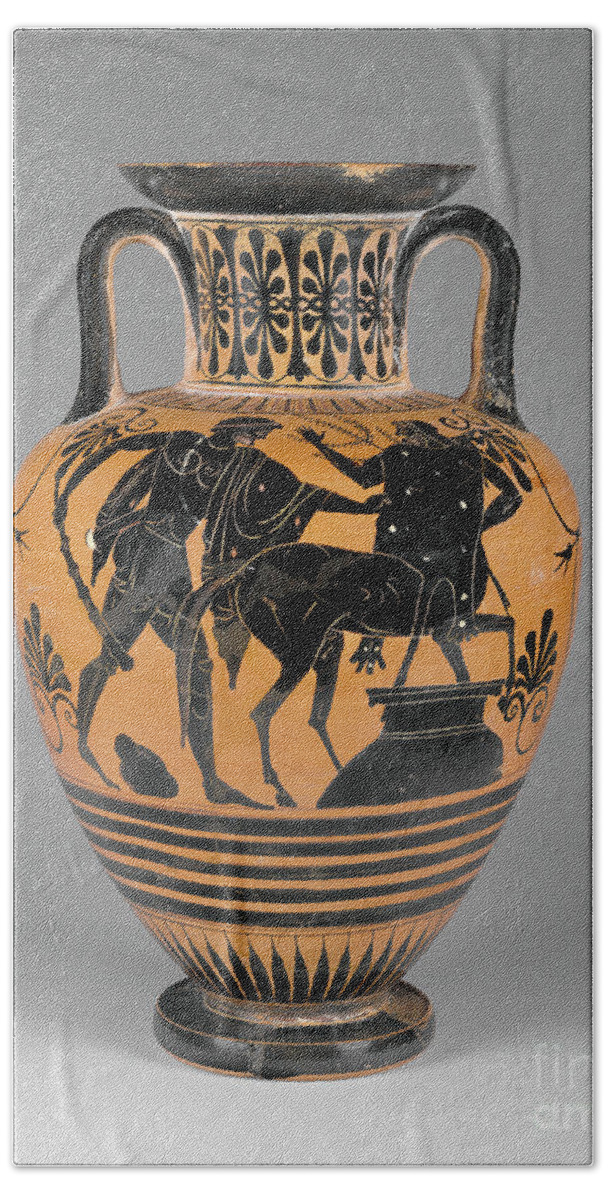 470 B. C. Bath Towel featuring the ceramic art Greek Terracotta Amphora, c470 BC by Granger