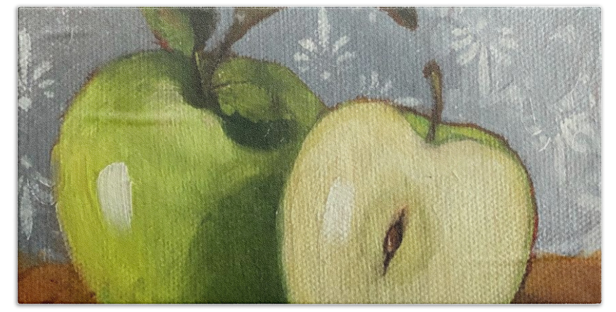 Still Life Bath Towel featuring the painting Greem Apples Oil Painting Original by Cheri Wollenberg by Cheri Wollenberg
