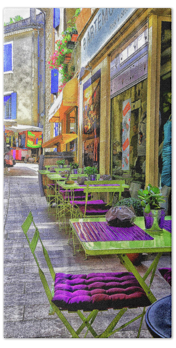 Cafe Hand Towel featuring the photograph Green and Purple Sidewalk Cafe #2 by Steve Templeton