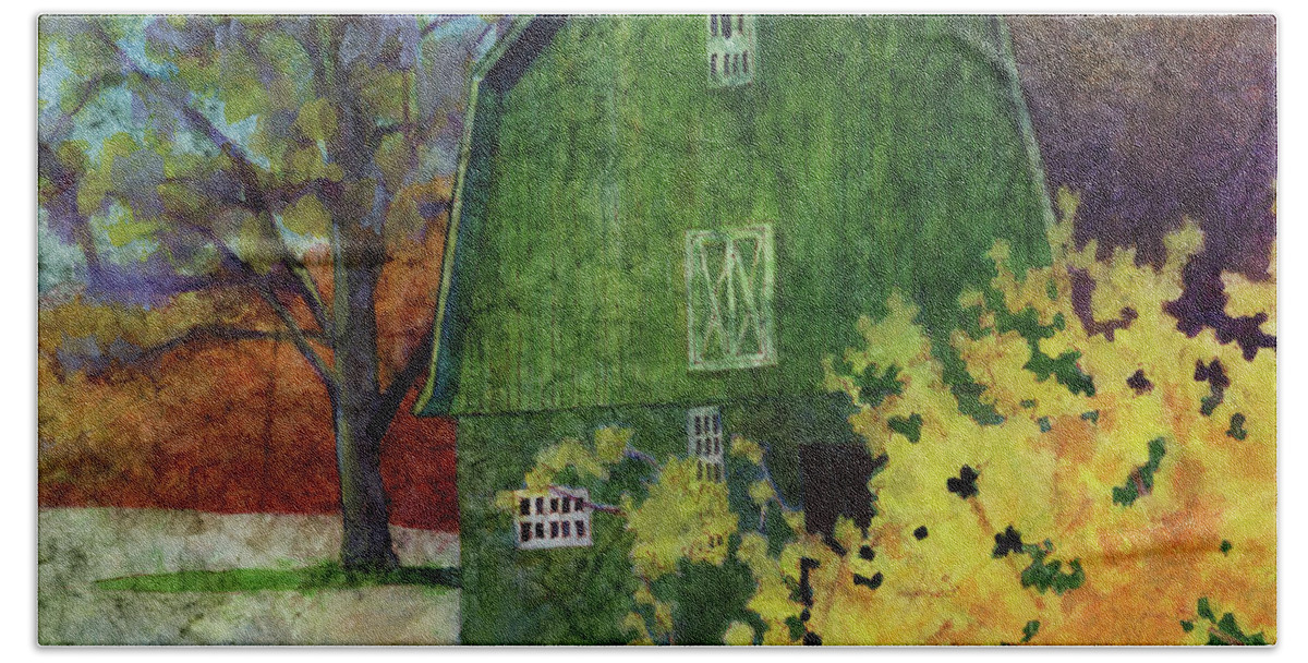 Barn Hand Towel featuring the painting Green Barn - Forsythia by Hailey E Herrera