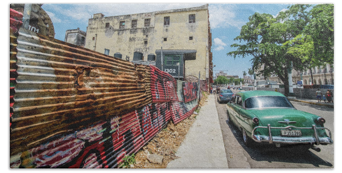Cuba Hand Towel featuring the photograph Green car on the street. Havana, Cuba by Lie Yim
