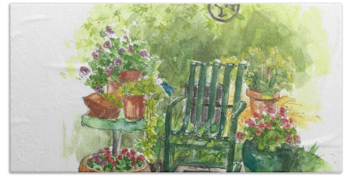 Garden Sketch Bath Towel featuring the painting Green Chair by Marlene Lee