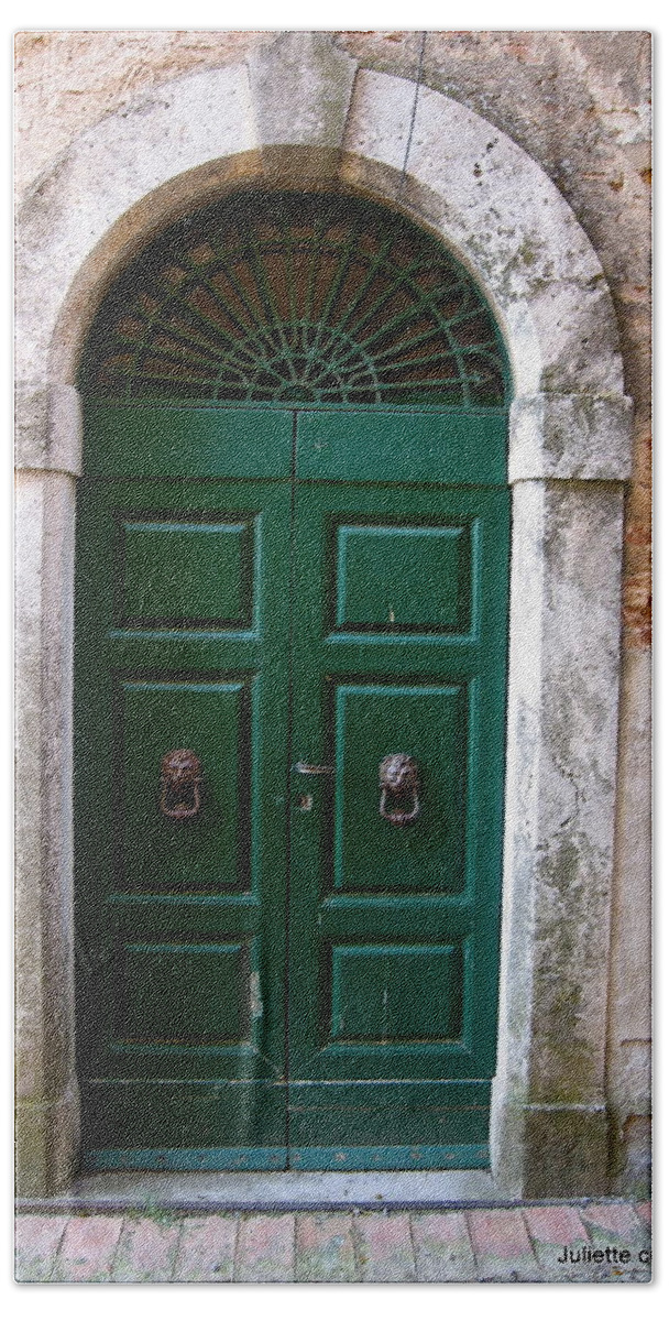 Green Door Hand Towel featuring the photograph Green Door in Tuscany by Juliette Becker