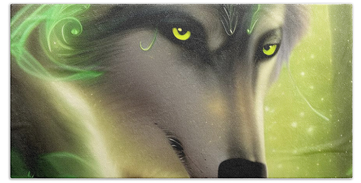 Digital Bath Towel featuring the digital art Green-Eyed Wolf by Beverly Read