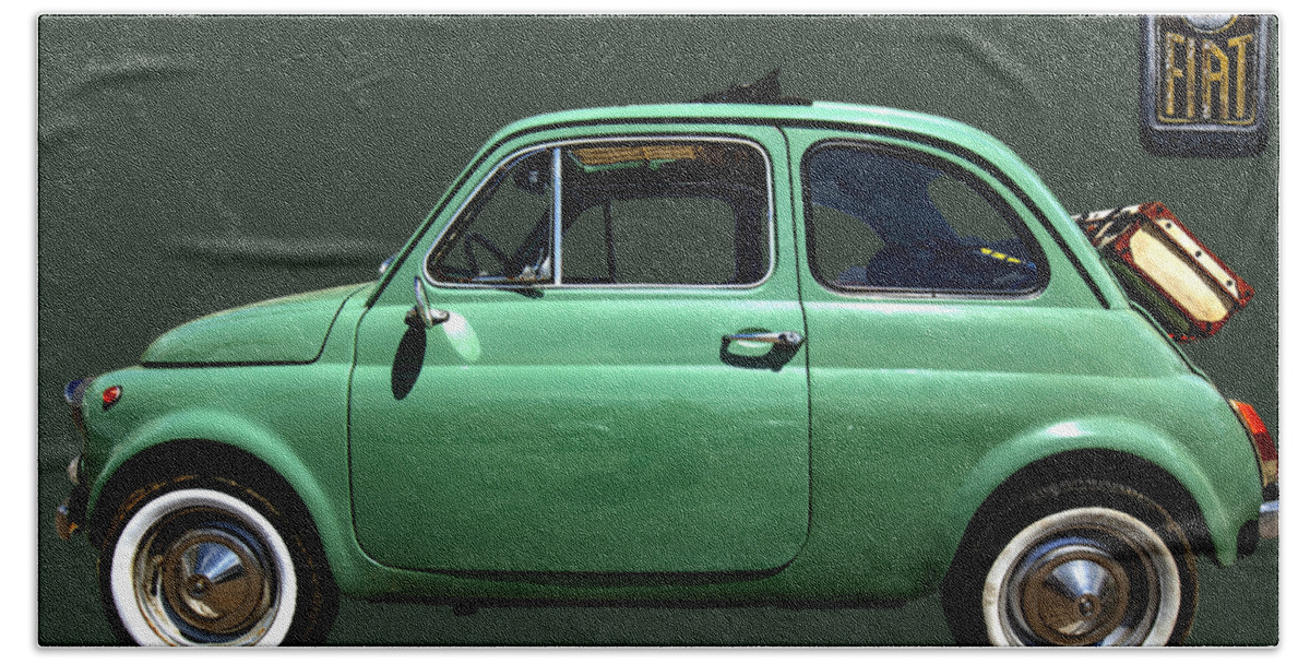 Fiat 500 Bath Towel featuring the photograph Green Fiat 500 by Worldwide Photography