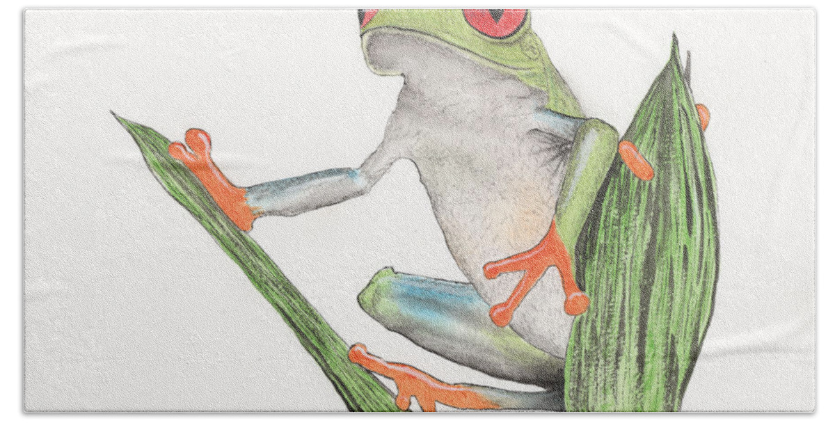 Red Eyed Tree Frog Bath Towel featuring the painting Red Eyed Tree Frog #2 by Bob Labno
