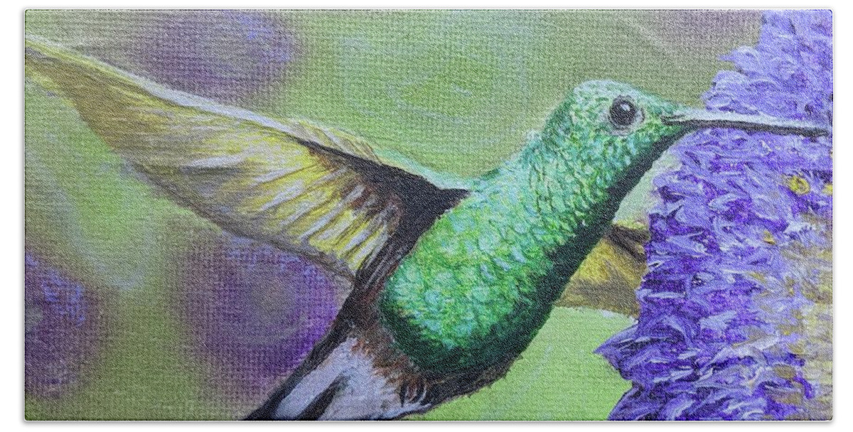 Hummingbird Bath Towel featuring the painting Green Hummingbird by Kevin Daly