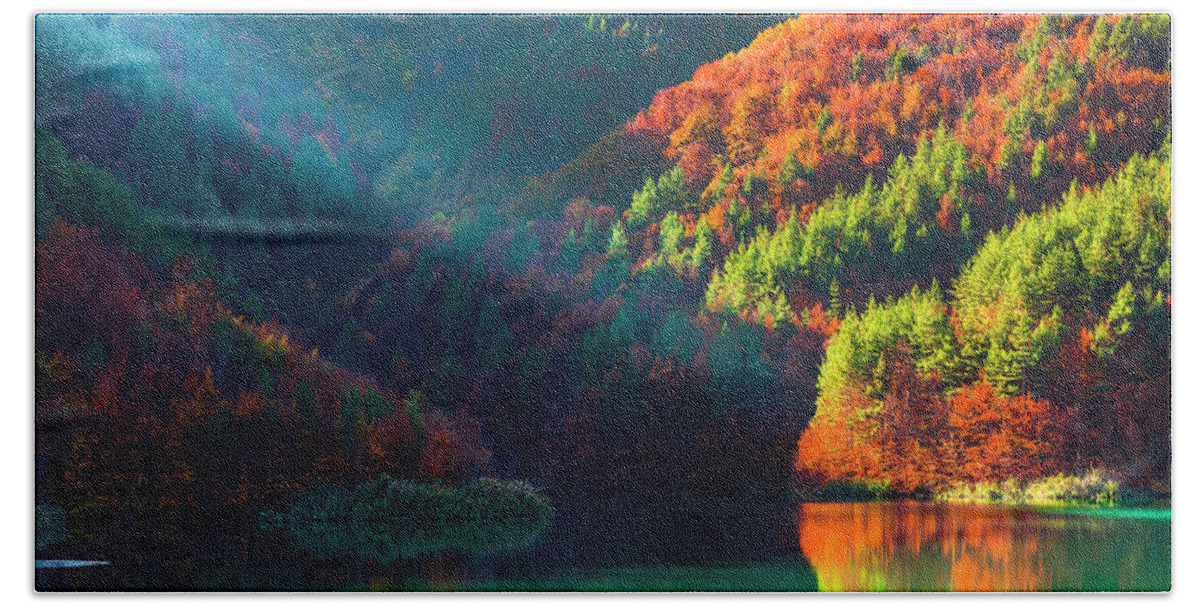 Bulgaria Hand Towel featuring the photograph Green Lake by Evgeni Dinev