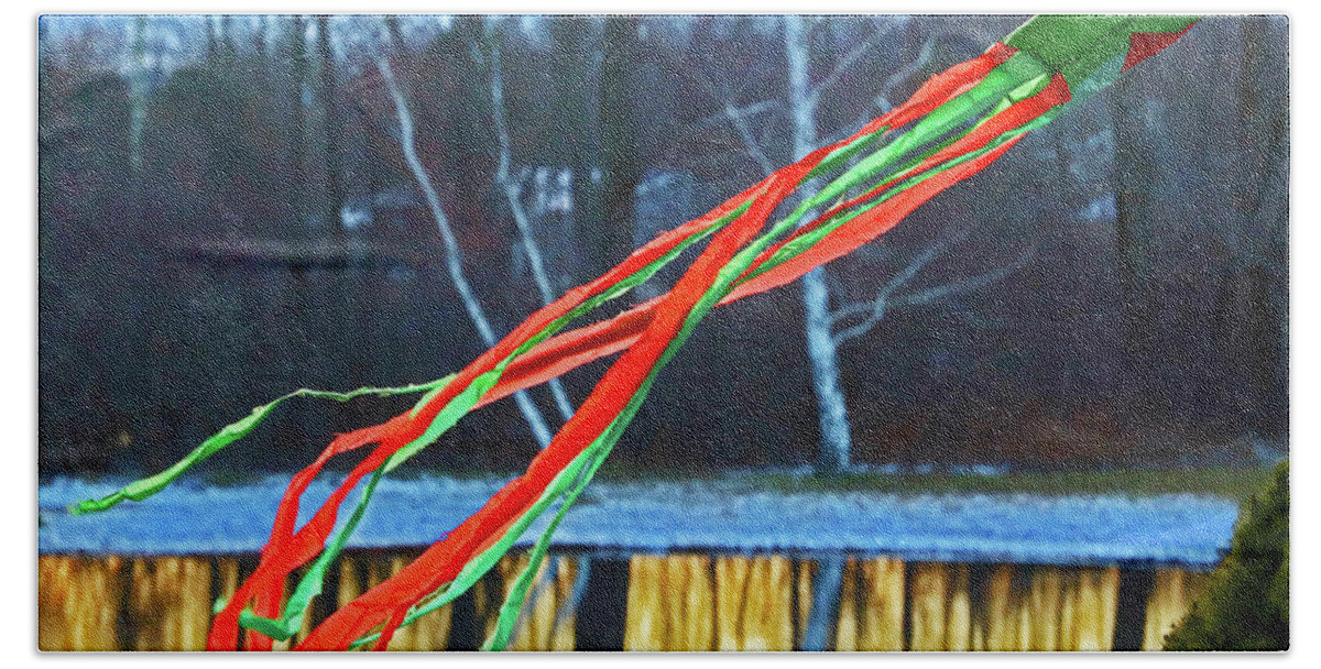 Green Windsock Bath Towel featuring the photograph Green windsock, Green and Red Streamers Pond with reflections 0056 by David Frederick