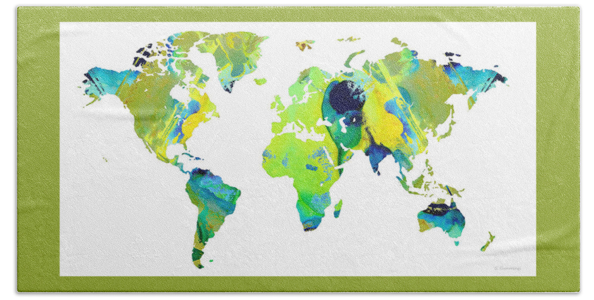 World Map Bath Towel featuring the painting Green World Map 29 - Sharon Cummings by Sharon Cummings