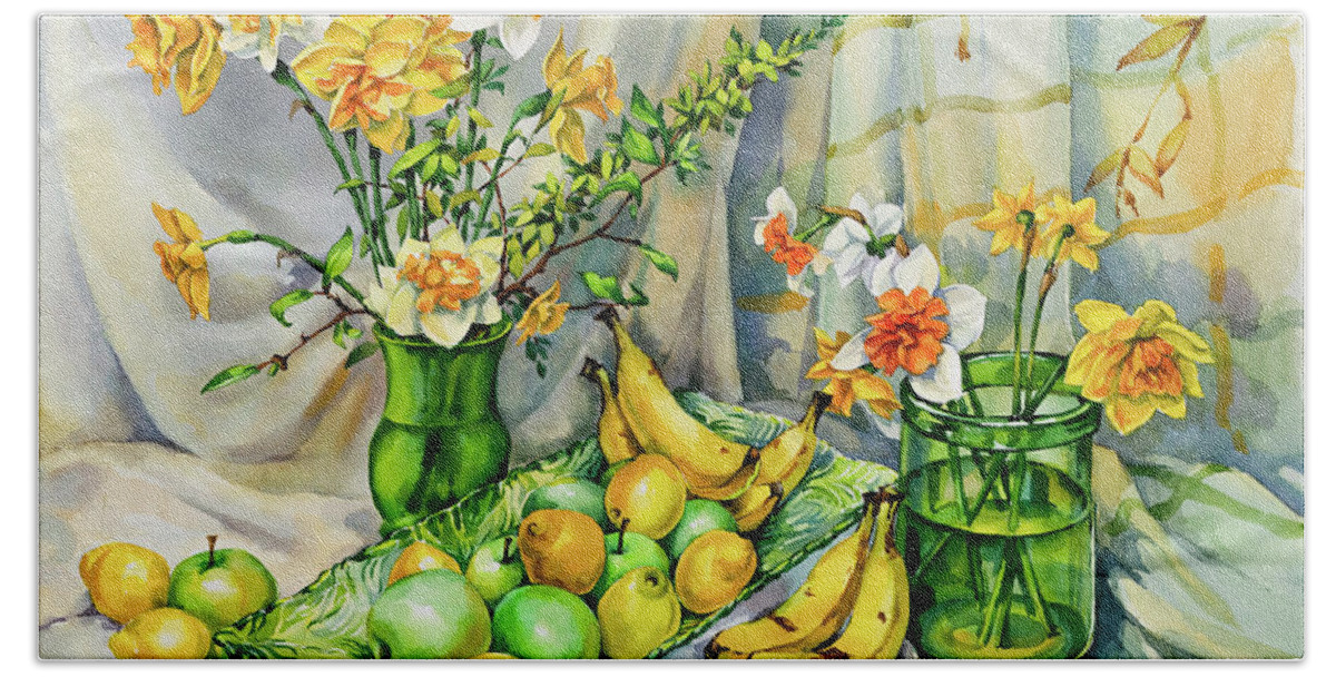 Green Bath Towel featuring the painting Green Yellow Still Life with Daffodils by Maria Rabinky