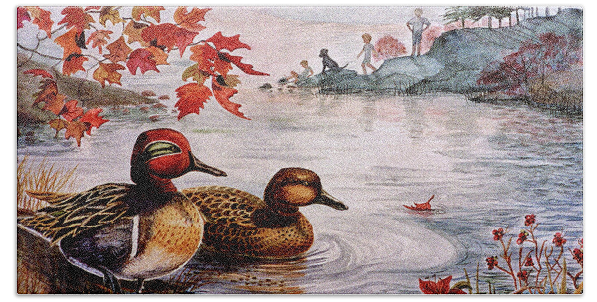 Ducks Bath Towel featuring the painting Greenwinged Teal Ducks by Marilyn Smith