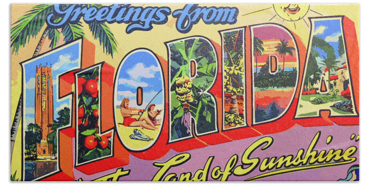Greetings Bath Towel featuring the painting Greetings from Florida, The land of sunshine by Long Shot
