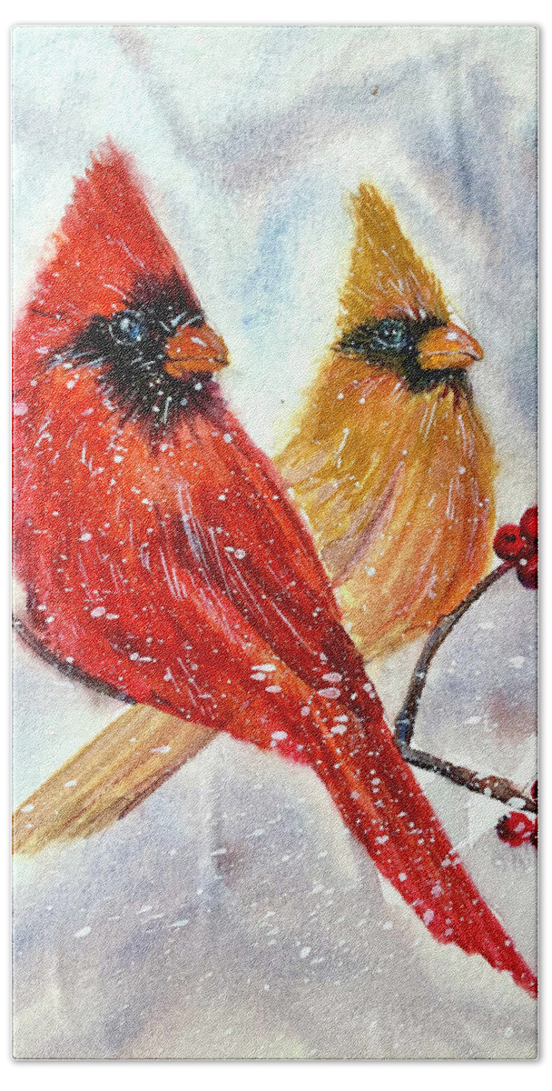 Cardinal Hand Towel featuring the painting Greetings by Kellie Chasse