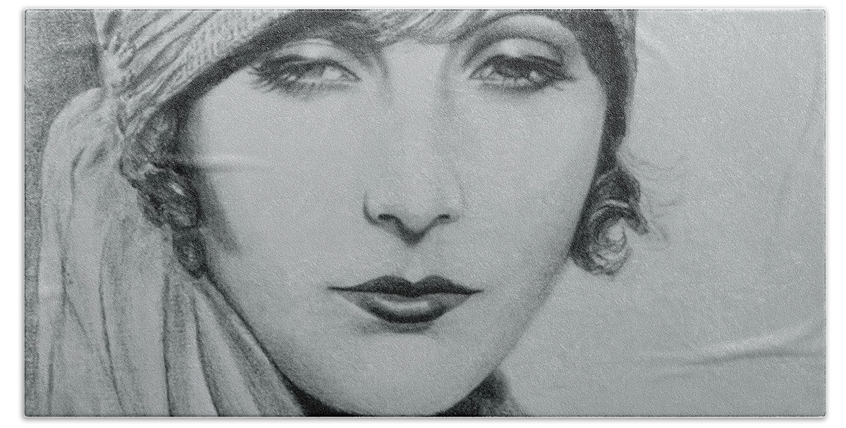 Greta Garbo Hand Towel featuring the drawing Greta Garbo 2 by Elaine Berger