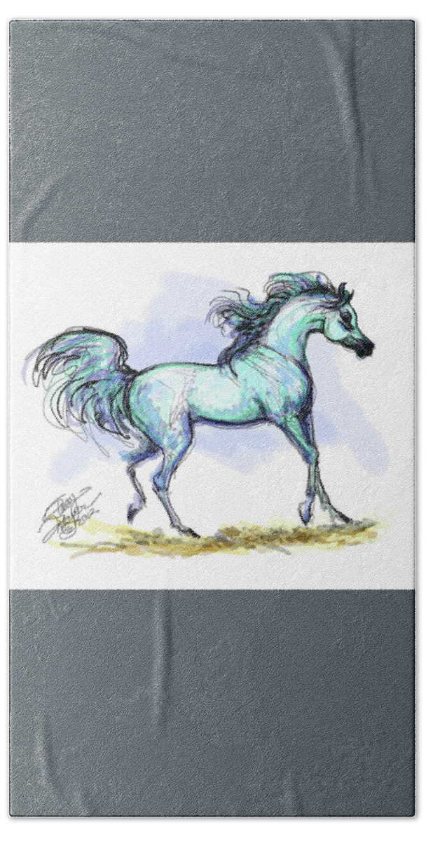 Equestrian Art Hand Towel featuring the digital art Grey Arabian Stallion Watercolor by Stacey Mayer by Stacey Mayer