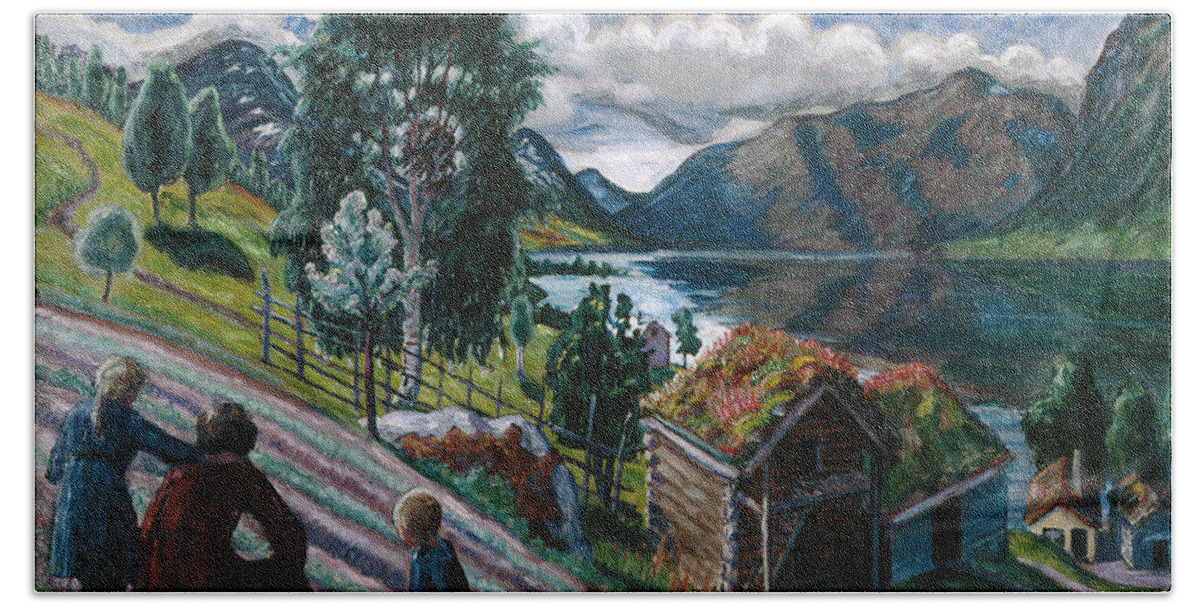 Nikolai Astrup Bath Towel featuring the painting Grey weather by O Vaering by Nikolai Astrup