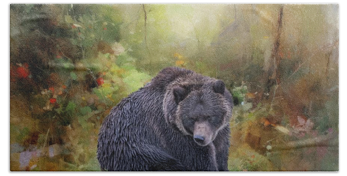 Grizzly Bear Hand Towel featuring the photograph Grizzly Bear in the Spring Forest by Eva Lechner