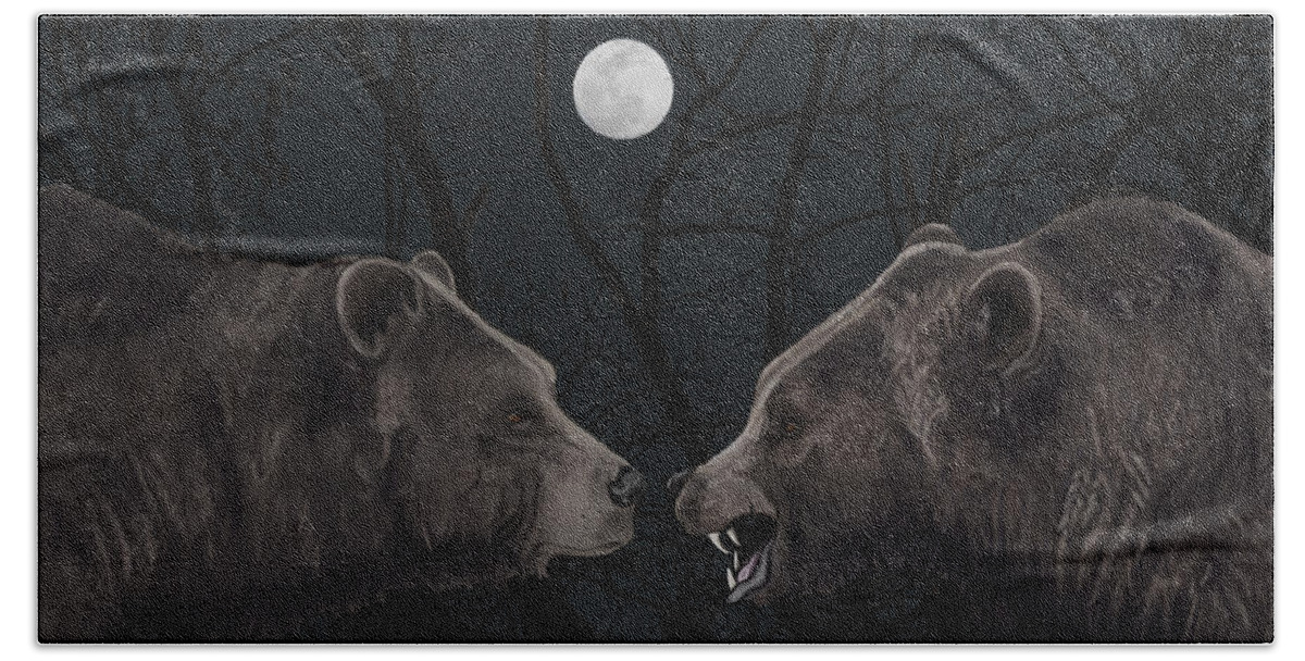 Grizzly Bath Towel featuring the mixed media Grizzly Night by Judy Cuddehe